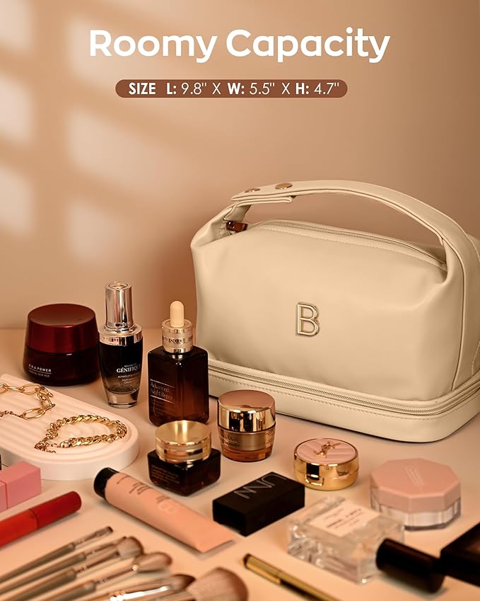Personalized Makeup Bag with Handle, Initial Double Layer Cosmetic Bag with Makeup Brush Organizer,Gifts for Friends Female Mom