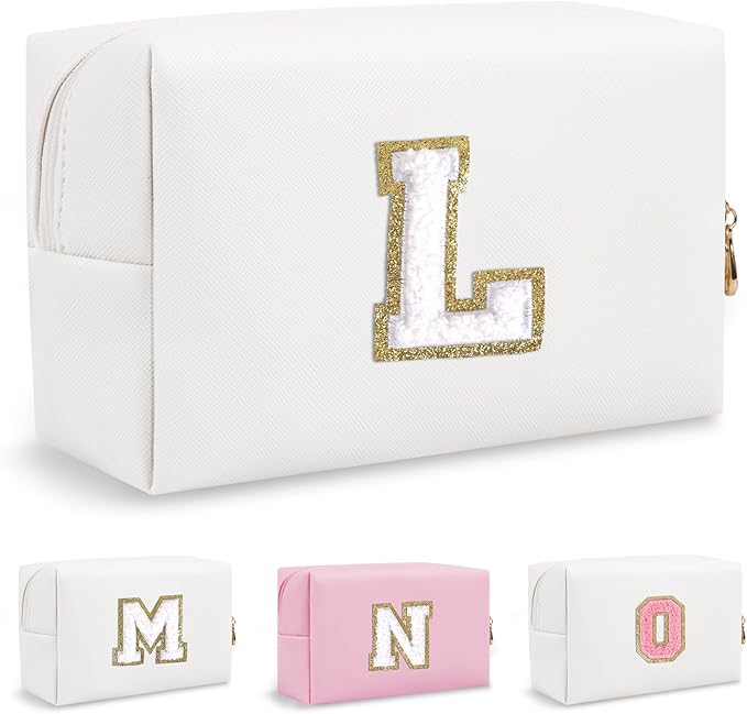 Personalized Initial Preppy Travel Makeup Bag Organizer, Small White Cute Cosmetic Bag Toiletry Zipper Pouch for Women, Portable Waterproof PU Makeup Case Birthday Gift for Female Women(Letter L)