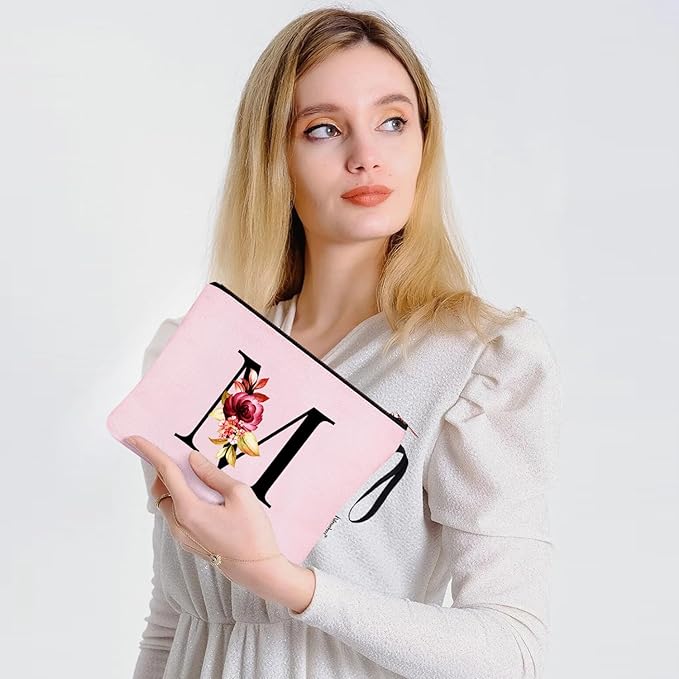 Vavabox A-Z Personalized Makeup Bag, Birthday Gifts for Women Mom, Gifts for Best Friend, Bride Bridesmaid Cosmetic bag (M, Pink)
