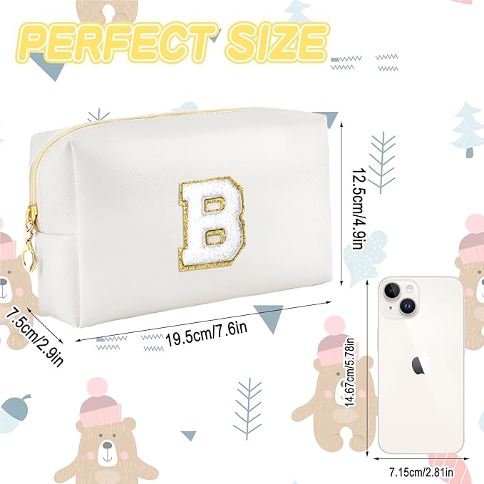 Gifts for Girls Initial Makeup Bag Personalized Cosmetic Bag with Zipper Cute Travel Toiletry Bags Waterproof PU Preppy Makeup Pouch Birthday Gift for Teen Girls Women(White B)