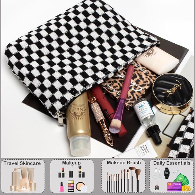 2 Pieces Makeup Bag Set, Small Black Checkered Cosmetic Bag Travel Toiletry Organizer Mini Cosmetic Pouch Case Makeup Brushes Cute Quilted Aesthetic Accessories Storage Bag for Women