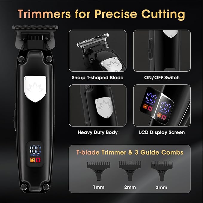 Professional Hair Clippers for Men, Cordless Hair Clippers T-Blade Trimmer Nose Hair Trimmer Electric Shaver Set, Haircut Grooming Kit with LED Display, for Barber, Ideal Gift for Him
