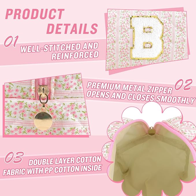 Personalized Quilted Cosmetic Bag, Puffy Monogrammed Christmas Birthday Gifts for Women & Girls, Cute initial Floral Makeup Bag Puffer Coquette Bag, Aesthetic Travel Toiletry Zipper Pouch(Pink,B)