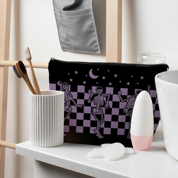 Funny Gothic Skeleton Makeup Pouch, Halloween Gifts for Women, Witchy & Dark Academia Makeup Bag, Horror Accessory (Purple)