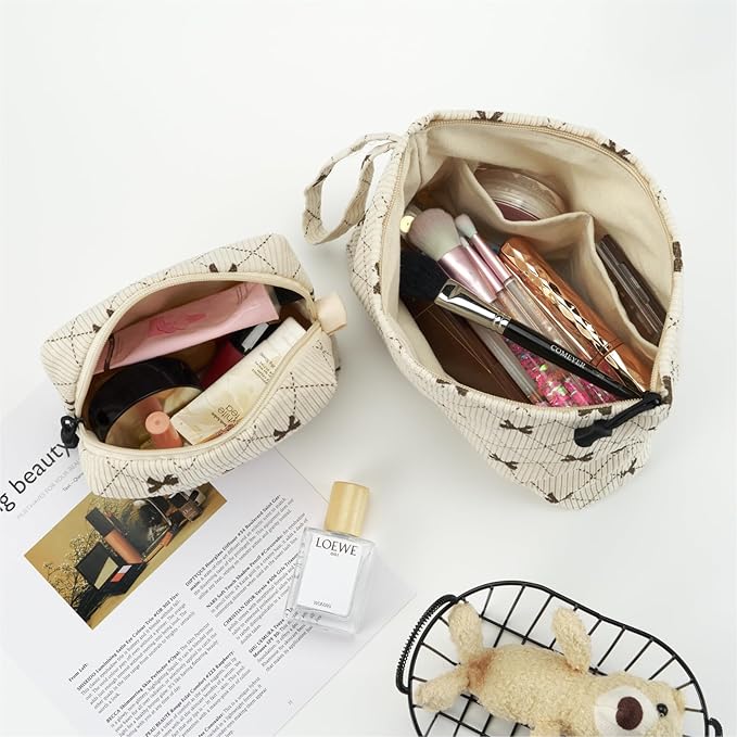 Makeup bag set small Cosmetic bag for women purse Corduroy Organizer with interior Pockets,cute Pencil zipper Pouch travel Toiletry Bag with handle(Beige Bowknot)