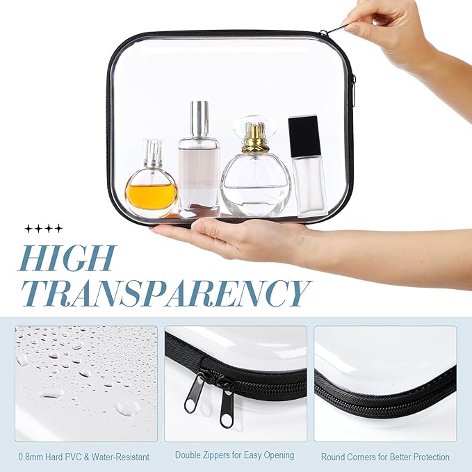 Hoolerry 3 Pcs Clear Hard Zipper Case Plastic Pouch Transparent Hard Case Clear Makeup Bag Portable Travel Organizer Bin for Cosmetics, Building Blocks, Puzzles(Black,M)