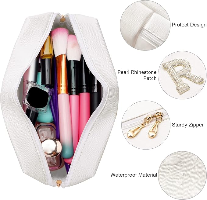 2PCS Bride to be Patch Letter Makeup Bag Bridal Shower Gifts for Engagement Wedding Bachelorette Bridesmaid Gifts for Bride Mrs Pearl Rhinestone Travel Bag White PU Leather Make Up Bag Pouch for Purse