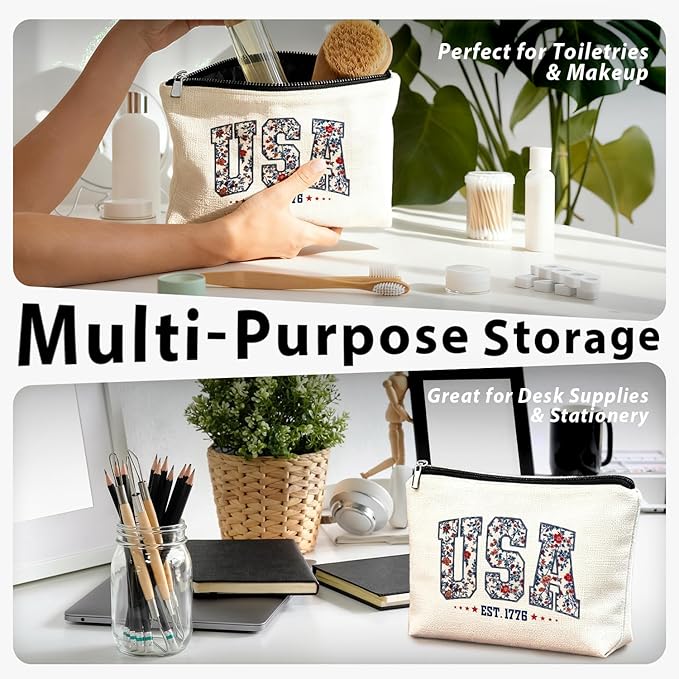 Retro Floral USA 4th of July Makeup Bag, America Patriotic Cosmetic Bags for Women, Red White and Blue USA Toiletry Bag for Women, cosmetic bag, makeup case