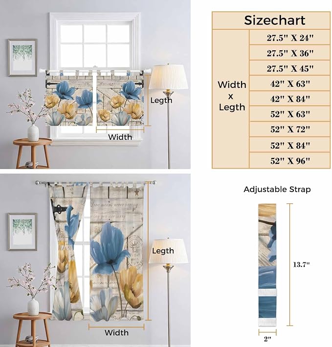 Blue Yellow Tulips Bathroom Curtains 63 Inch Length, Window Curtains Tab Top - Image 8