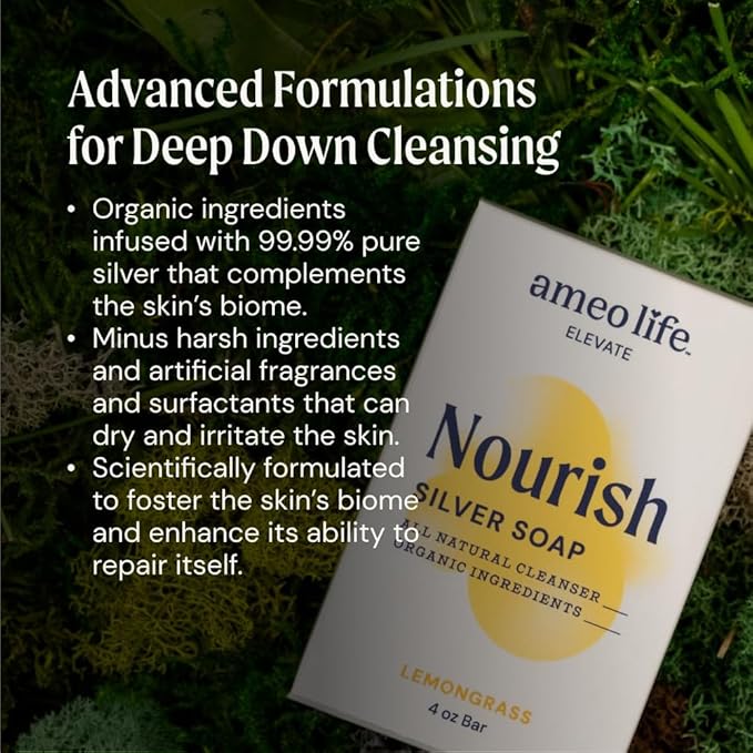 Ameo Life Lemongrass Silver Soap with 30 ppm Silver - Naturally Cleanses the Skin, 4 oz Colloidal Soap Bar for Women and Men