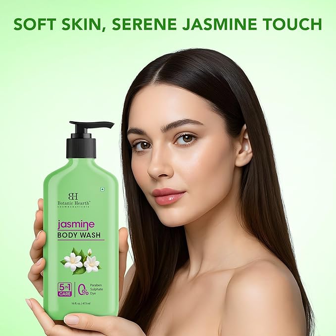 Botanic Hearth Jasmine Body Wash, 5-in-1 Care Formula, Paraben & Sulphate Free, 16 fl oz (473 ml), Gentle Body Cleanser with Soothing Floral Fragrance