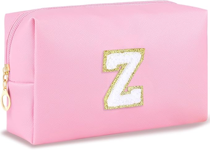Initial Makeup Bag Personalized Preppy Travel Small Cosmetic Bag Cute PU Pink Chenille Letter Makeup Pouch for Purse Waterproof Zippered Toiletry Organizer for Women Girls Kids Friends (Z)