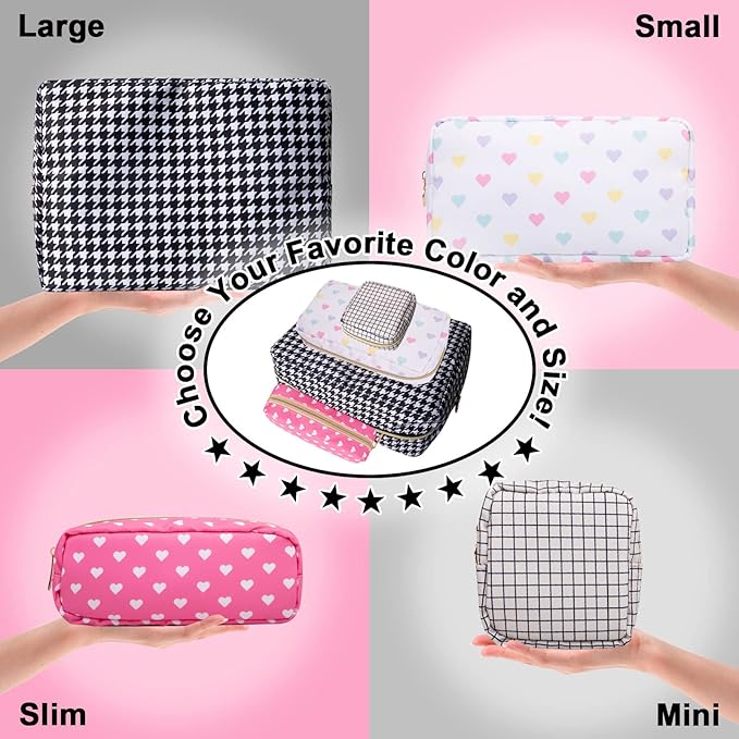 Nylon Large Makeup Bag Black Houndstooth Travel Pouch for Women, Big Preppy Makeup Bag Cute Cosmetic Zipper Pouch Purse, Waterproof Toiletry Bag Clutch Makeup Organizer for Girls(Black Houndstooth)