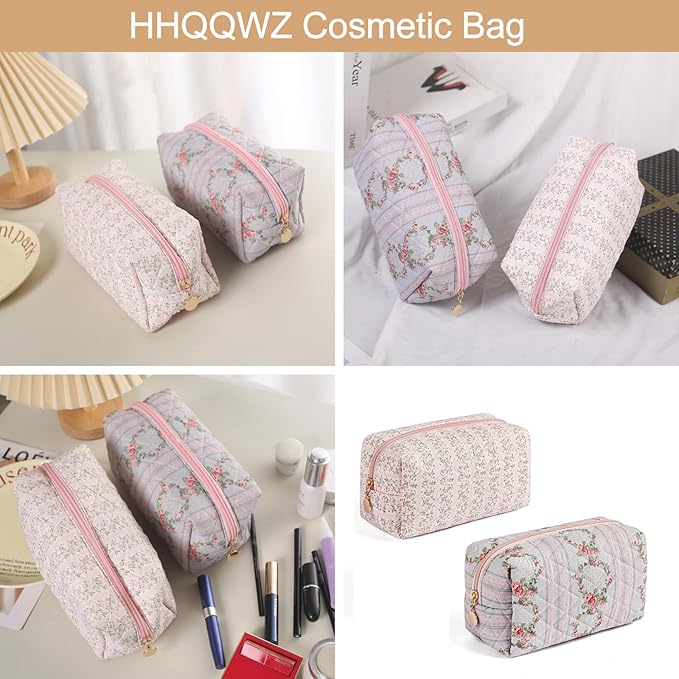 Makeup Bag Travel Cosmetic Bag for Women Girls, Zipper Make Up Pouch, Floral Flowers Toiletry Organizer Makeup, Portable Storage Bag, Cosmetic Travel Cloth Bag (Pink+Blue)