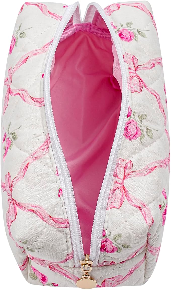 JOVAKIT Square Makeup Bag Cute Cosmetic Bag for Women, Floral Coquette Aesthetic Toiletry Bag, Zipper Make Up Pouch, Travel Make Up Organizer Bag (Pink Bowknot)