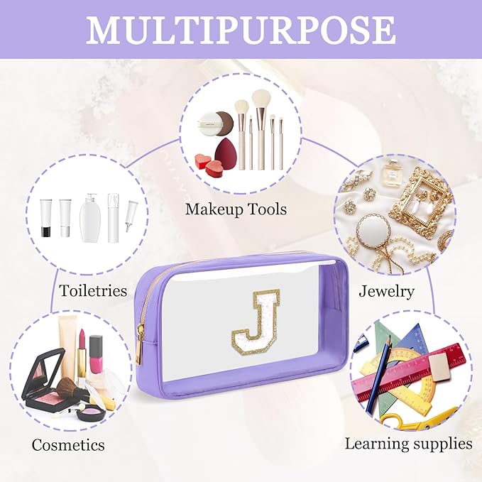 Small Clear Personalized Initial Makeup Bag,Nylon Preppy A-Z Chenille Letter Patch Cosmetic Pouch Beach Toiletry Bag,Waterproof Zip Travel Purse Storage Bag Organizer for Women Girls(Purple-White J)
