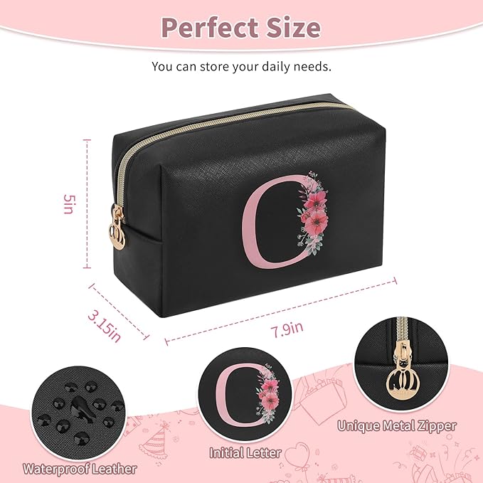 Personalized Initial Makeup Bag, Birthday Gifts for Women and Girls, Small Makeup Pouch Travel Toiletry Bag, Make Up Organizer Bag Gift Trendy Stuff for Friend Mom Teacher, Black