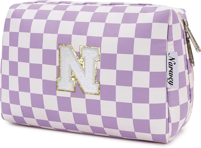 Narwey Birthday Gifts for Women Teen Girls Kids Personalized Initial Makeup Bag Monogram Preppy Cosmetic Bag Trendy Stuff 6 8 10 11 12 13 14 16 18 Years Old Travel Toiletry Bag (Purple N)