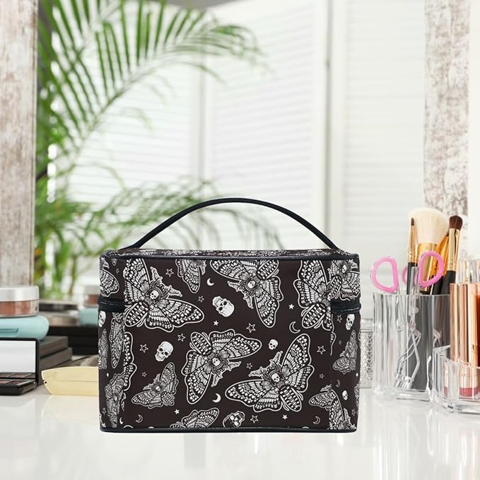 Makeup Bags, Gothic Moth Skull Moon Esoteric Makeup Organizer Bags Toiletry Bag Box Travel Cosmetic Bag Make Up Train Case for Women Teen Girl Ladies
