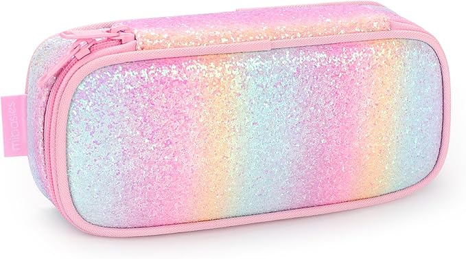 mibasies Girls Pencil Case for Kids, Multi-Slot Pencil Pouch, Pink Blue Rainbow
