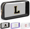 Personalized Initial Letter Clear Makeup Bag,Preppy Small Nylon&PVC Cosmetic Zipper Bag with Chenille Letter,Travel Skincare Toiletry Bag,Monogram Christmas Gift for Teen Girls Women,L