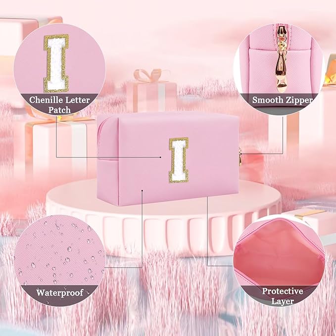 Small Personalized Letter Makeup Bag, Cute PU Leather Chenille Letters Cosmetic Bag Travel Makeup Pouch, Preppy Travel Organizer Zipper Pouch for Women&Girls（Pink-I）