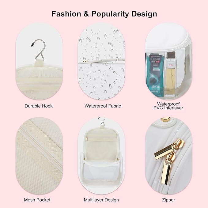 YFG Travel Toiletry Bag for Women & Men, Transparent Cosmetic Organizer with Hook, Portable, Organizer, for Travel-Sized Shampoo, makeup Accessories, Brushes Set, Conditioner, Medium Size White