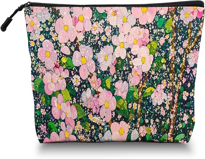Cosmetic Bags Travel Makeup Toilet Case Waterproof Pouch for Women Girls 6.7X9.45inches - Lovely Pink - Bloom Tapestry