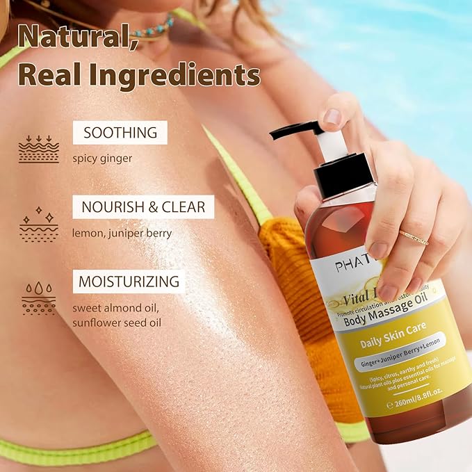 PHATOIL Ginger Oil Ginger Body Massage Oil for Gua Sha, with Lemon,Juniper Berry, 260ML Large Bottle Warming Body Oil for Spa, Lymphatic Drainage, Muscle(8.8oz)