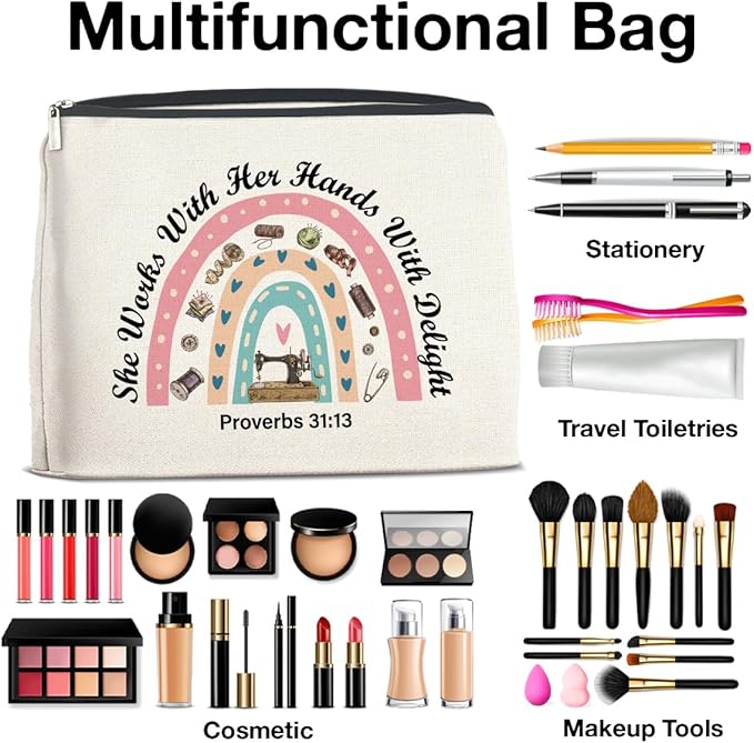Sewing Lover Gifts Makeup Bag Gift for Quilter, Christian She Works with Her Hands in Delight Cosmetic Bag Zipper Makeup Pouch