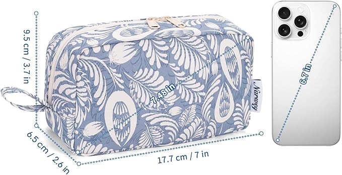 Narwey Small Cosmetic Bag, Small Makeup Bag for Purse, Travel Mini Makeup Pouch, Zipper Pouch, Cute Makeup Bag with Organized Pockets for Women (Blue Leaf, Small)
