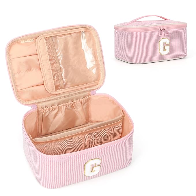 OCHEAL Makeup Bag for Women, Monogram Cosmetic Bag with Brush Holder, Pink Travel Makeup Case Beauty Toiletry Bag Organizer Personalized Gifts for Girls Bridesmaid, Sister, Wife, Friends Initial G