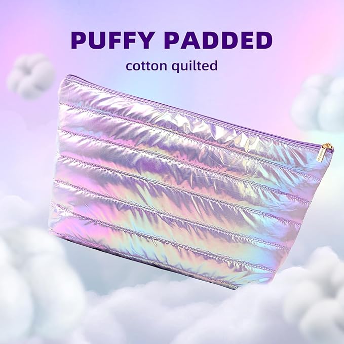 Hiroyuki Iridescent Quilted Makeup Bag, 3pcs Cute Makeup Bag Set, Large Capacity Cosmetic Organizer Travel Toiletry Pouch (plain, purple)