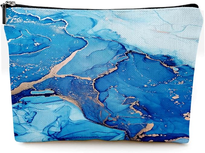 Small Makeup Bag for Purse Cute Canvas Waterproof Cosmetic Bags for Women Zipper Travel Toiletry Pouch-Blue Marble Makeup Bags
