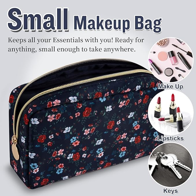 Nylon Small Floral Makeup Bag for Purse, Cute Preppy Makeup Bag Cosmetic Zipper Pouch Purse, Waterproof Portable Travel Set Toiletry Bag Make Up Brush Bag Organizer Storage for Women(Navy Blue-Flower)