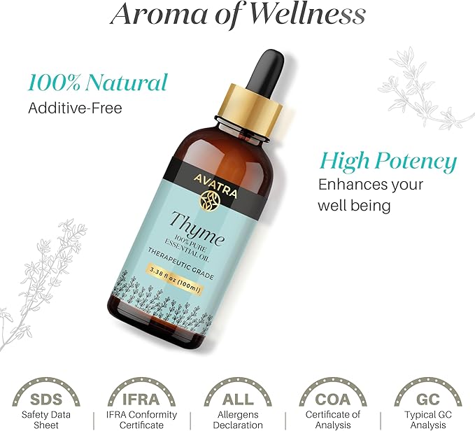 Avatra Thyme Essential Oil 100ML (3.38 OZ) with Glass Dropper and Travel Bottle, Pure and Natural Therapeutic Grade Thyme Oil for Diffuser, Aromatherapy, Massage, and DIY Candle Products