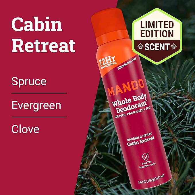 Mando Whole Body Deodorant For Men - Invisible Spray Deodorant - 72 Hour Odor Control - Low Irritation Formula - Aluminum Free, Benzene Free - 3.6 ounce Cans (Pack of 2) - Cabin Retreat