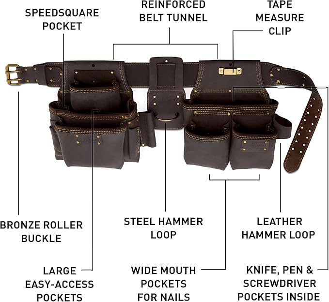 Ox Tools Pro Construction Tool Belt - 22-Pocket Leather Tool Belt Pouches - Rig Made of Oil-Tanned Leather with Double-Stitching and Steel Rivets - OX-P263604