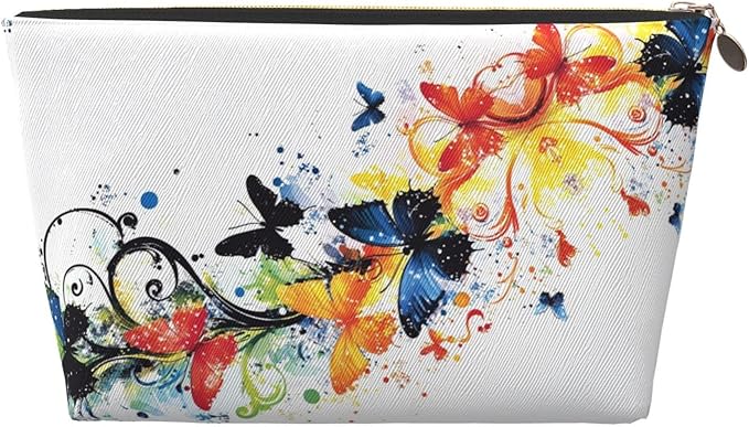Womens Leather Makeup Bag Cosmetic Bag Travel Toiletry Bags Make Up Bags for Women Adult (Elegant Butterflies)