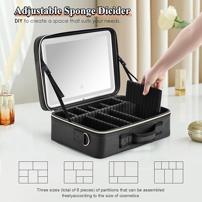 Travel Makeup Bag with LED Lighted Make up Case with Mirror 3 Color Setting Cosmetic Makeup Box Organizer Vanity Case for Women Beauty Tools Accessories Case Rechargeable (big black)