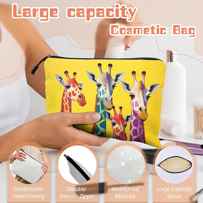 Cosmetic Bags Travel Makeup Toilet Case Waterproof Pouch for Women Girls 6.7X9.45inches - Colorful Giraffes Against A Yellow Background