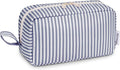 Narwey Cute Makeup Bag Small Toiletry Bag Travel Cosmetic Bag Organizer Make Up Bags with Organized Pockets for Women (Greyish Blue Stripe, Large)