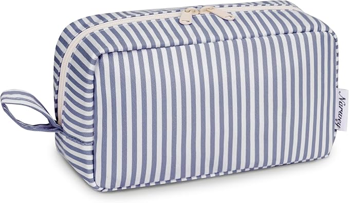 Narwey Cute Makeup Bag Small Toiletry Bag Travel Cosmetic Bag Organizer Make Up Bags with Organized Pockets for Women (Greyish Blue Stripe, Large)