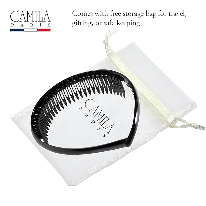 Camila Paris AD110 French Headband for Women, Black, Strong Hold Grip Women's Hair Band, Very Flexible, No Slip and Durable Styling Girls Hair Accessories, Made in France