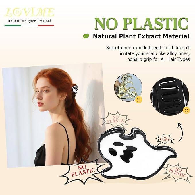 Original Italian Designed Mini Halloween Hair Claw Clips for Women- Ghost, Handmade Cute Vintage Hair Halloween Accessories, Plant-Based Acetate, Gift Boxed for Party/Daily