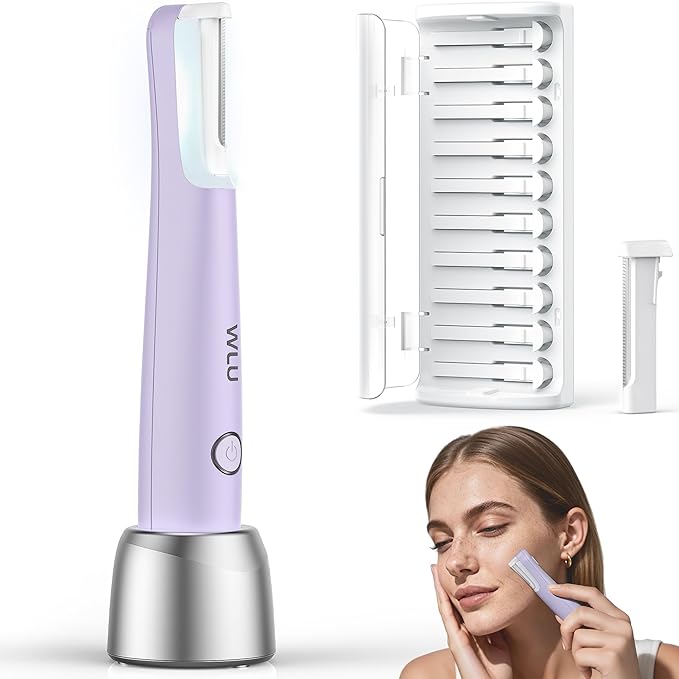 Dermaplane Razor for Women Face, WLU Rechargeable Face Dermaplaning Tool – Peach Fuzz, Facial Hair & Exfoliation Removal, Sonic Technology with LED Light, 3 Speeds & 10 Blades (Purple)