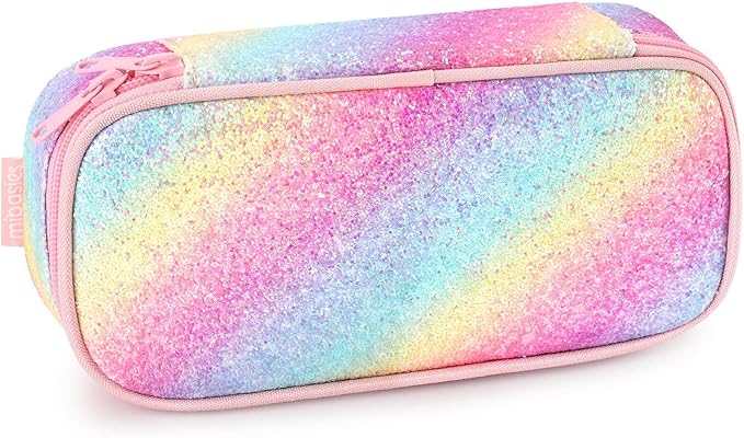 mibasies Girls Pencil Case for Kids, Multi-Slot Pencil Pouch, Twill Pink Blue