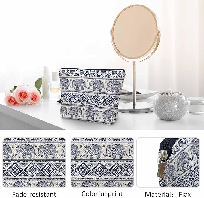 Elephant Cosmetic Bags For Women, Ethnic Geometric Elephant Roomy Makeup Bag Toiletry Bag Accessories Organizer Storage Bags Makeup Pouch For Travel Business Gym Camping Bathroom, Blue