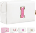 Initial Letter Patch Makeup Bag, Small Preppy A-Z Glitter Letter Cosmetic Bag, PU Leather Waterproof Travel Toiletry Bag, Cute Make Up Pouch Personalized Monogrammed Gift for Women Teen Girls