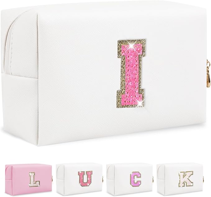 Initial Letter Patch Makeup Bag, Small Preppy A-Z Glitter Letter Cosmetic Bag, PU Leather Waterproof Travel Toiletry Bag, Cute Make Up Pouch Personalized Monogrammed Gift for Women Teen Girls